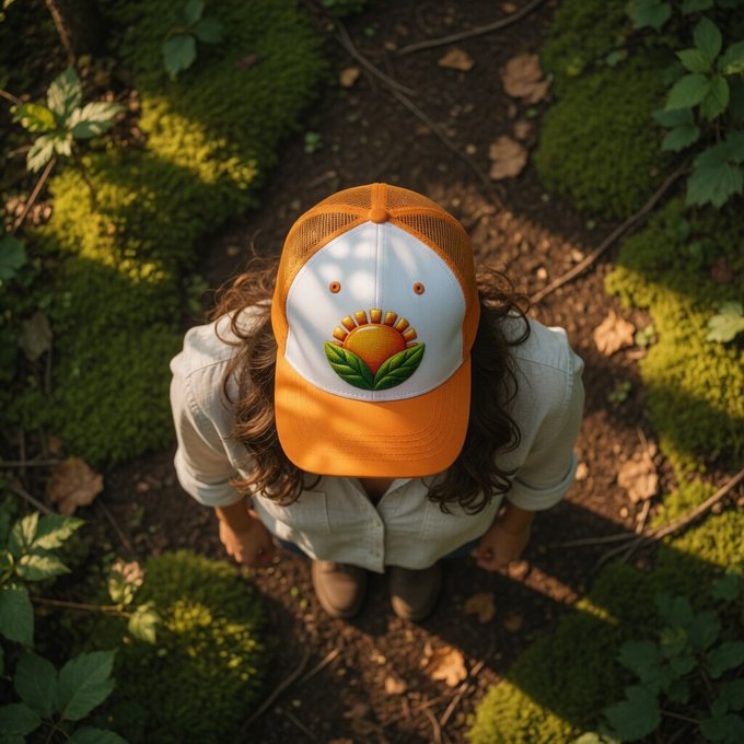 The image shows an orange hat with a green leaf design, worn by a person standing in a forest or garden area surrounded by plants and trees. The photo captures the person's head from above, providing a unique perspective of their outfit and surroundings. The caption "gm Most people don't need a new routine. They need consistency. A few minutes outside every day can go a long way." suggests that spending time outdoors in nature is an essential part of maintaining a healthy lifestyle or finding balance amidst daily life's demands.