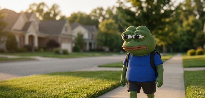 A 3D-rendered Pepe the Frog character wearing a blue shirt and backpack stands on a suburban sidewalk in a residential neighborhood during golden hour.