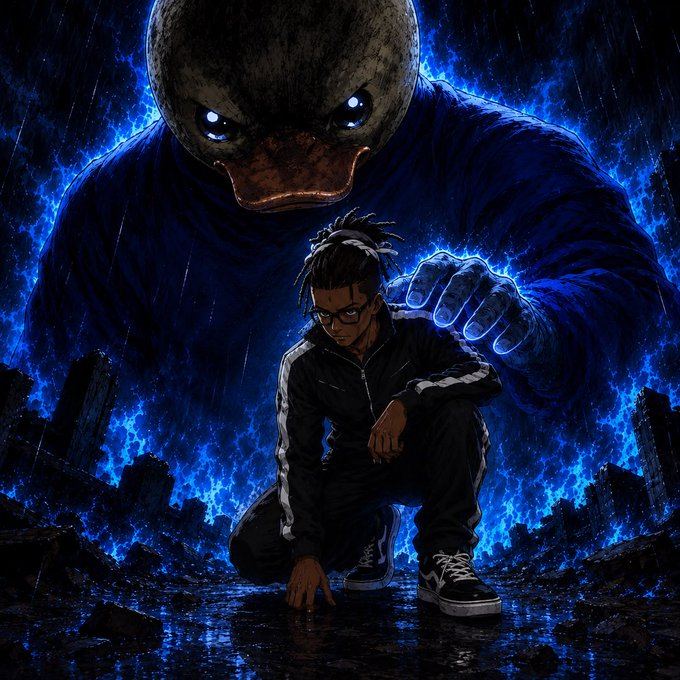 A digital artwork showing a young man with dreadlocks and glasses crouching in a black tracksuit while a large, menacing figure with a glowing mask looms behind him in a dark, blue-flame-lit cityscape.