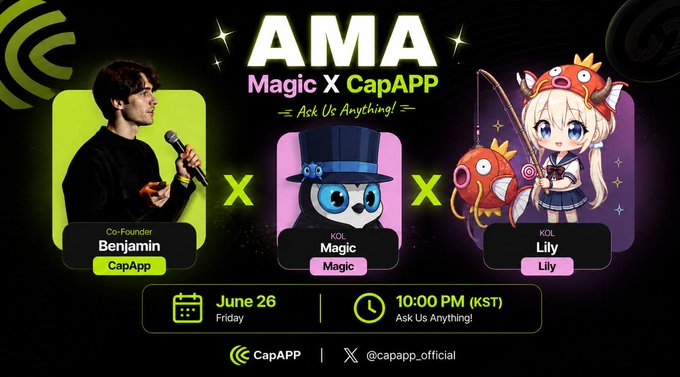 The image features a poster with three cartoon characters, including a man holding a microphone, two cartoon girls, and an owl character. The poster also includes text that reads "CAP x MAGIC X Lily AMA Scheduled - Date/Time: June 26th, 10 PM (KST) - Location: twitter.com/i/spaces/1RJZz ... - Guest: @Benjamin918_ (Founder) - Co-host: @IPALAU1 , @lilykuma_S2_ AMA Rewards - Pre-submitted Questions: Chicken + Cola Set for 10 people". The poster is displayed on a black background, and the characters are positioned in front of each other.