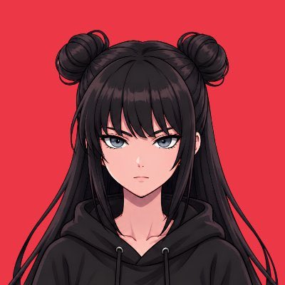 An anime-style illustration of a girl with black hair styled in double buns, blue eyes, and a black hoodie against a red background.