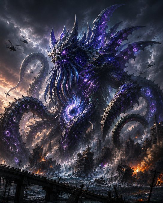 A massive purple and black cosmic sea monster with glowing eyes towers over a burning, ruined city as helicopters fly around it.