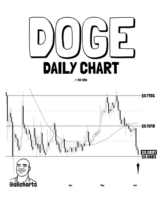 The image shows a black and white representation of a daily chart for the cryptocurrency Dogecoin. There's an upward-moving trend in the chart, indicating that the price of Dogecoin has been increasing steadily over time. The chart also includes a $DOGE signal on top, suggesting that there is an active buy signal. This signal could imply that someone is interested in purchasing Dogecoins at this particular moment. Additionally, there's a man's face and text elements in the image, which might be related to another post or topic of discussion.