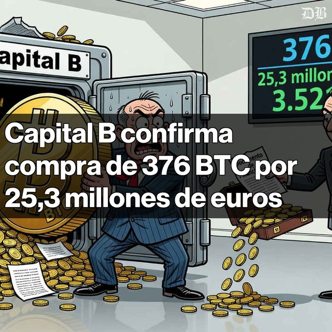 A cartoon illustration depicting a panicked businessman holding a large gold Bitcoin coin next to an open vault labeled "Capital B," with a digital display showing "376 BTC" and "25,3 million," captioned "Capital B confirma compra de 376 BTC por 25,3 millones de euros."