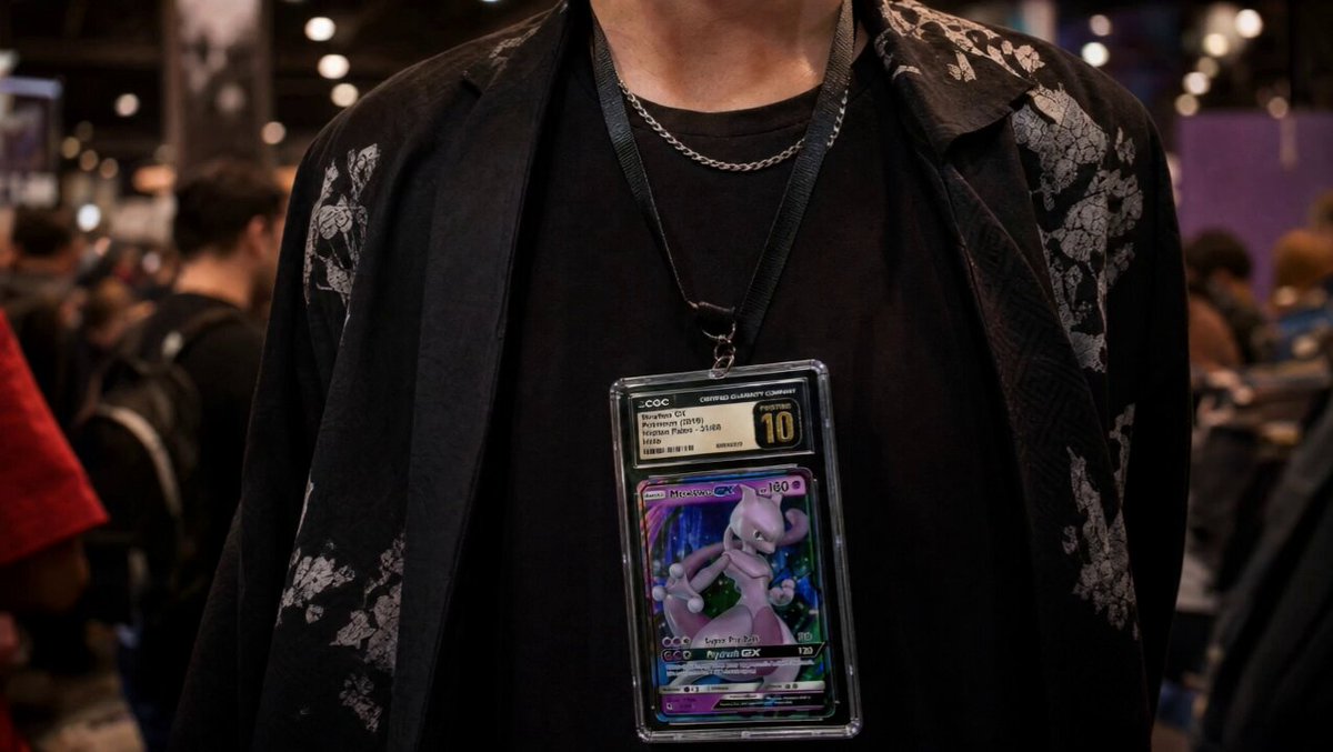 The image features a person wearing a black jacket with a silver chain, holding up an electronic trading card for sale. The card has a purple Pokemon character on it. The person appears to be at an event or convention where they are selling these cards. The post about web3 and Pokemon TCG collectors is related to the card being sold in this image as it could potentially be a rare or valuable item, possibly even a limited edition card.