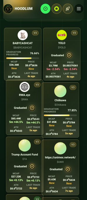 A mobile app screenshot for HOODLUM displaying a grid of meme token cards including BABYCASHCAT, YOLO, RWA.xyz, Chiikawa, Trump Account Fund, and SUMX, with market caps and graduation progress.