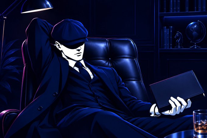 A stylized anime-style illustration shows a man in a suit and flat cap lounging in a dark blue leather chair, holding a briefcase, with a bookshelf and globe in the background.
