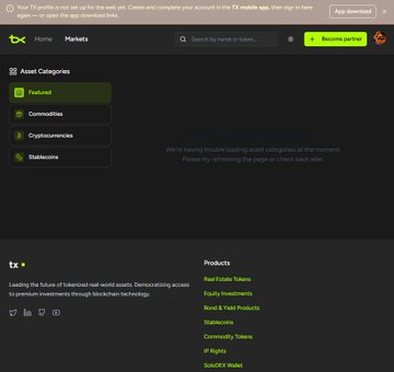 The image shows the Tex (TX) platform's Markets page displaying asset categories such as Tokenized, Commodities, Cryptocurrencies, and Stablecoins, though no trading assets are loaded yet. This corresponds to the accompanying post about the TX backend successfully connecting to the frontend, as the empty state ("We're having trouble loading asset categories... Please try selecting the page or check back later") reflects the ongoing data pipeline issues described between TX and SoloTex.