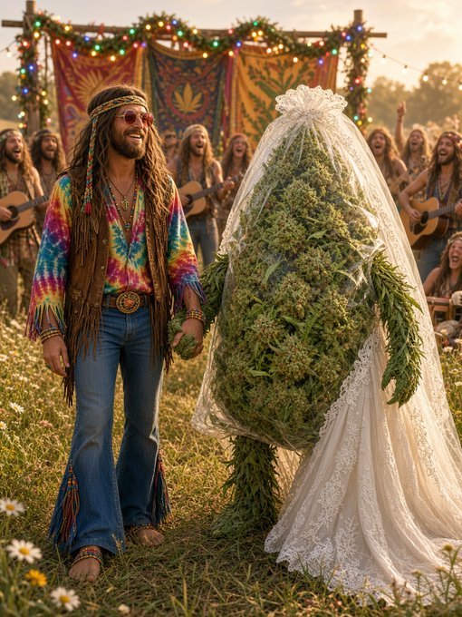 An AI-generated image depicting a hippie wedding where the groom stands next to a bride whose entire body is a massive cannabis plant wearing a white lace wedding veil and dress.