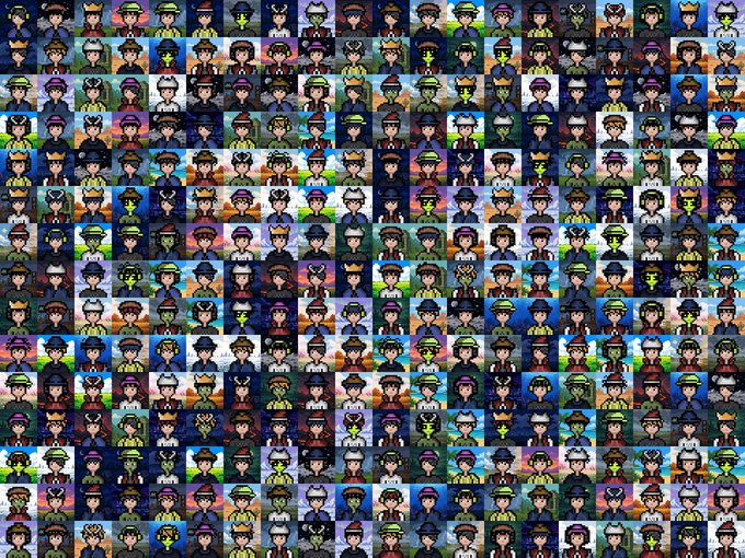 A grid of over 200 unique 8-bit pixel art character portraits showcasing various hat styles, colors, and accessories, representing the diverse collection of entries submitted for the 8-bit whitelist game on @arc chain.