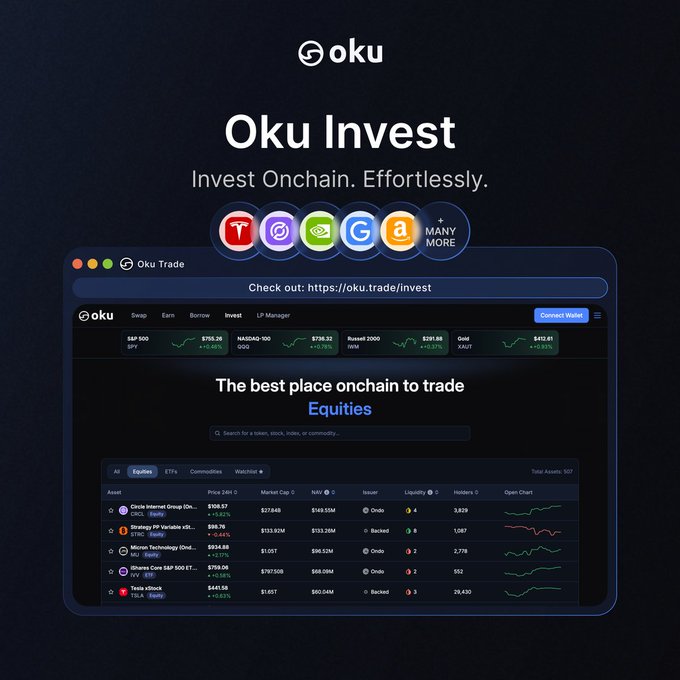 A promotional advertisement for 'Oku Invest' with the tagline 'Invest Onchain. Effortlessly,' displaying a trading interface with various stocks and ETFs.