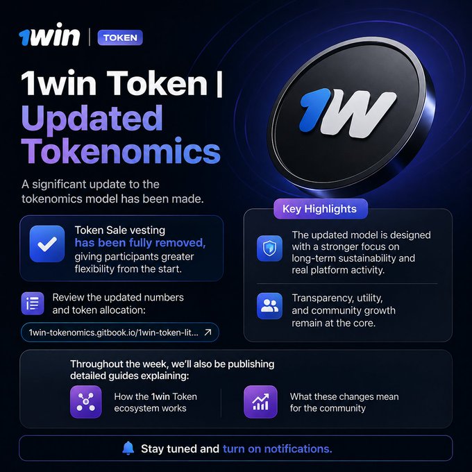 A promotional graphic for '1win Token | Updated Tokenomics' announces changes to the token model, noting that Token Sale vesting has been fully removed, with a link to 1win-tokenomics.gitbook.io.