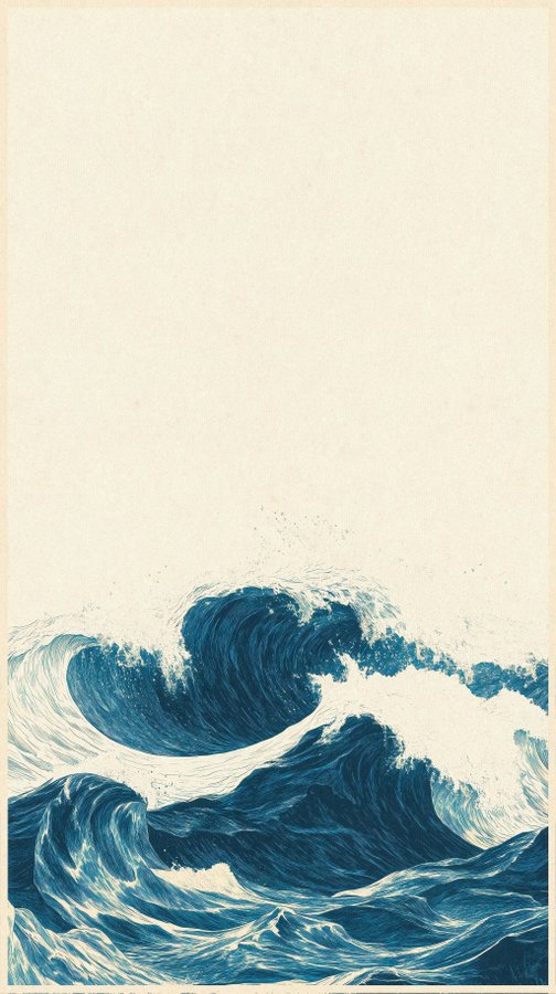 A traditional Japanese ukiyo-e style woodblock print depicting large blue ocean waves with white foam crashing in the lower portion, with empty cream-colored space above.