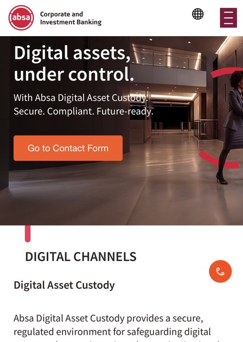A webpage from Absa Corporate and Investment Banking promoting 'Digital assets, under control' for Absa Digital Asset Custody, with an orange 'Go to Contact Form' button.