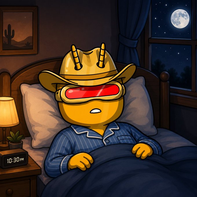 A cartoon illustration shows a yellow character wearing a cowboy hat and futuristic red visor glasses sleeping in a bed at "10:30 PM", with a desert painting and full moon visible in the room.