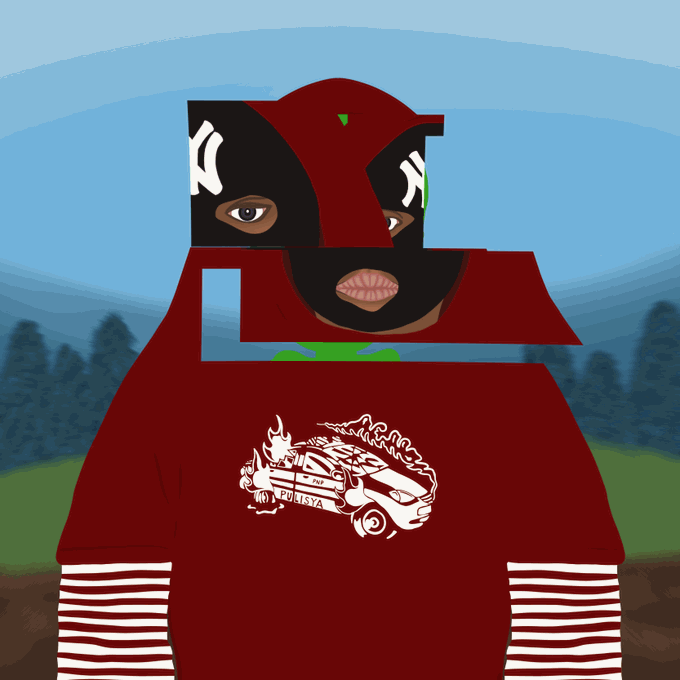 A digital artwork depicting a hooded figure in a red sweatshirt with a "PULISYA" graphic, wearing a black mask and the New York Yankees logo, set against a muted landscape.