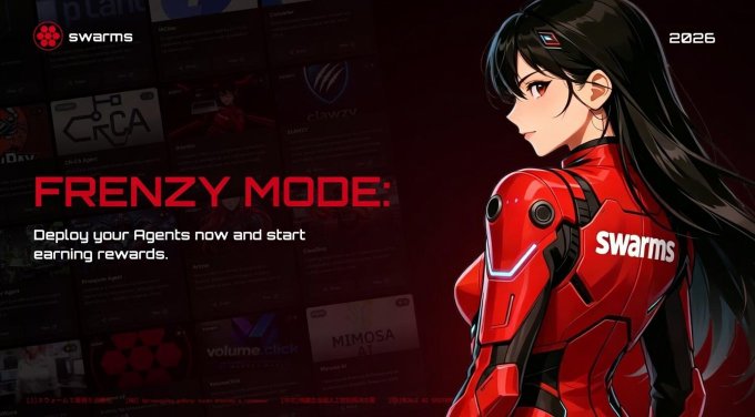 A promotional banner for 'swarms' featuring 'FRENZY MODE: Deploy your Agents now and start earning rewards' with an anime character in red futuristic armor.