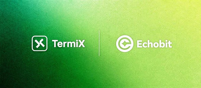 Two logos side by side on a green gradient background: "TermiX" on the left and "Echobit" on the right, visually representing the partnership mentioned in the post between TermiX and Echobit's Provider Agent integration into the agent.family platform.