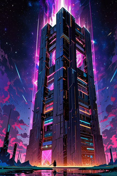 Cyberpunk-style illustration of a massive futuristic skyscraper reaching into a vibrant purple and pink sky filled with stars, shooting stars, and cosmic clouds, with a lone figure standing at its base for scale.
