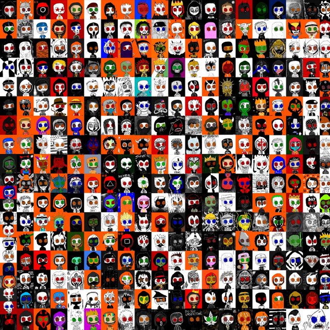 The image features a large collection of small, cartoon-like faces arranged in rows against an orange background. The faces vary in size and color, creating a visually striking pattern across the entire image. The text "We are @ordskul 343 dedicated 1/1 artifacts on Bitcoin" is present at the bottom right corner of the image, indicating that this collection might be related to Bitcoin or digital art.
