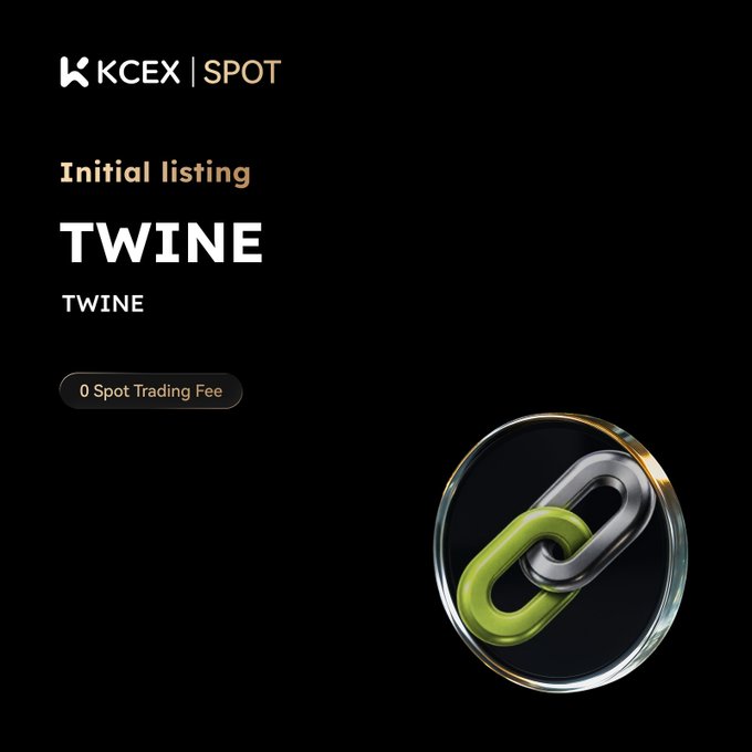A promotional graphic for KCEX Spot exchange announcing the initial listing of TWINE token, featuring a 3D green and silver chain link icon on a black background with '0 Spot Trading Fee' badge.