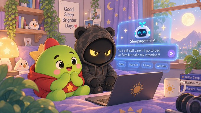 A cartoon illustration of two cute characters in animal hoodies sitting on a bed, with a 'Sleepagotchi AI' chatbot interface displaying a message about self-care and vitamins.