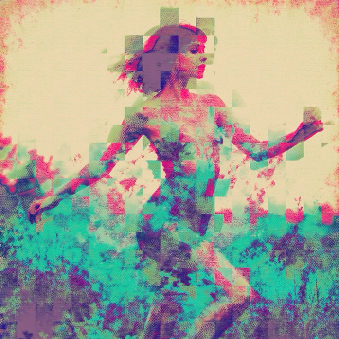 A stylized, glitch-effect digital artwork depicting a woman in motion, rendered with pixelated blocks in vibrant teal, magenta, and purple hues.
