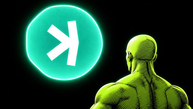 A muscular green figure stands facing a glowing teal circle featuring the "K" symbol of Kaspa (KAS), a blockchain known for its speed and scalability, suggesting the discovery of a new potential gem akin to KAS. The image visually echoes the post's excitement about finding a promising new token, framed as the next "KAS" of the Robinhood platform.