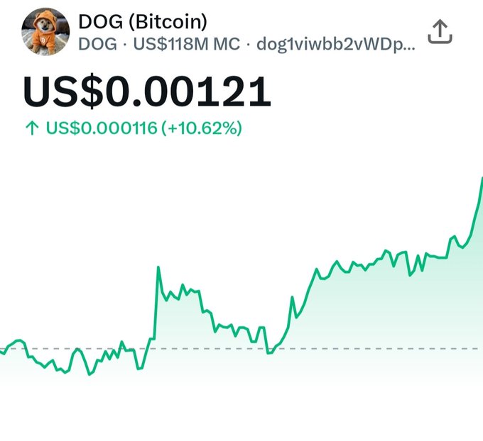 A price chart showing the cryptocurrency "DOG (Bitcoin)" at US$0.00121, up 10.62% (US$0.000116), with a market cap of US$118M.