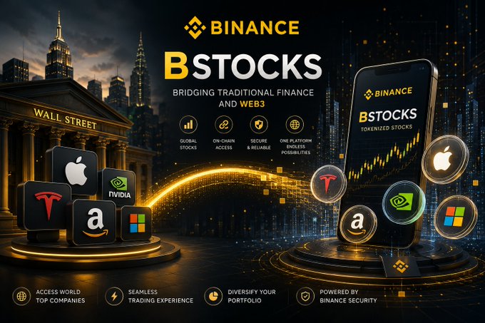 The image showcases a Binance BSTOCKS promotional graphic featuring the tagline "Bridging Traditional Finance and Web3," with logos of major companies like Apple, Tesla, NVIDIA, Amazon, and Microsoft displayed alongside the Binance app interface showing stock charts. The visual emphasizes Binance's expansion beyond cryptocurrencies to offer tokenized stocks, connecting the iconic Wall Street imagery with digital trading features highlighted in the bottom banner such as "Access World Top Companies" and "Seamless Trading Experience."