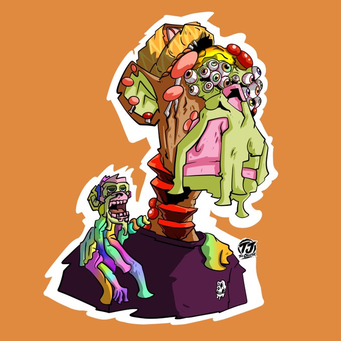 A stylized colorful illustration of a tall, multi-eyed monster with mushrooms on its back towering over a small rainbow-colored figure, signed 'TJ the Dreamer'.