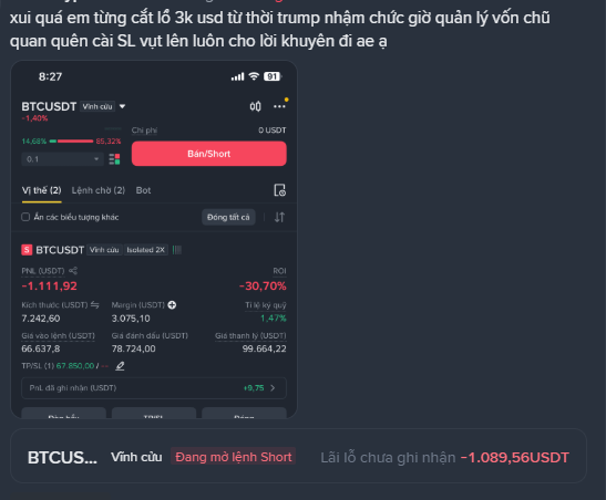 A cryptocurrency trading interface in Vietnamese showing a BTCUSDT short position with significant losses including '-1,111.92' USDT loss and '-30.70%' ROI, with the trade marked as 'Đang mở lệnh Short' (Opening Short order).