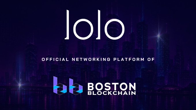 Promotional graphic for Lolo, the official networking platform of Boston Blockchain, displayed against a purple city skyline backdrop.