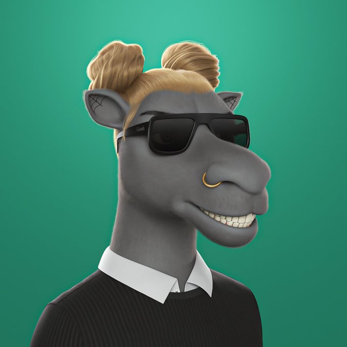 A 3D-rendered grey cartoon horse character with blonde hair in buns wears black sunglasses and a black sweater over a white collared shirt against a green background.