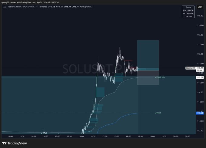 A TradingView chart displaying the 'SOLUSDT' TetherUS PERPETUAL CONTRACT on Binance, showing a recent price spike and pullback around the 115.74 to 116.00 range.