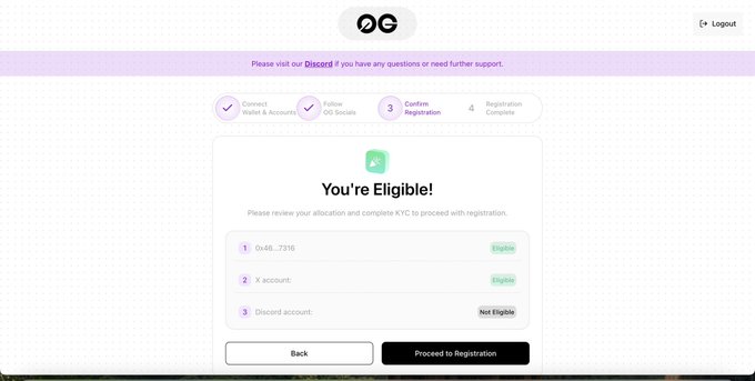 Screenshot of a web dashboard displaying 'You're Eligible!' for a registration process, showing wallet and X account as eligible but a Discord account as 'Not Eligible', with a 'Proceed to Registration' button.
