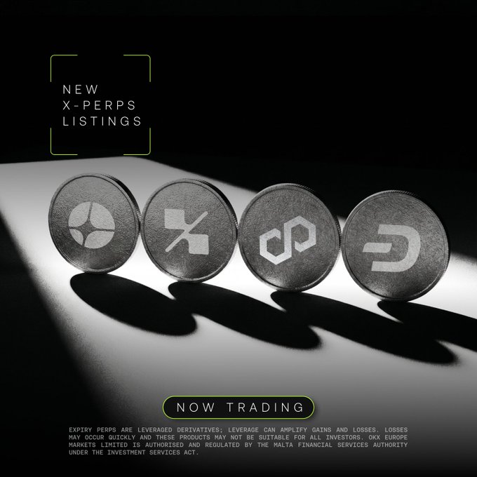 A promotional graphic announces 'NEW X-PERPS LISTINGS NOW TRADING' from OKX, showing four metallic coins with cryptocurrency logos (including XRP and DYM).