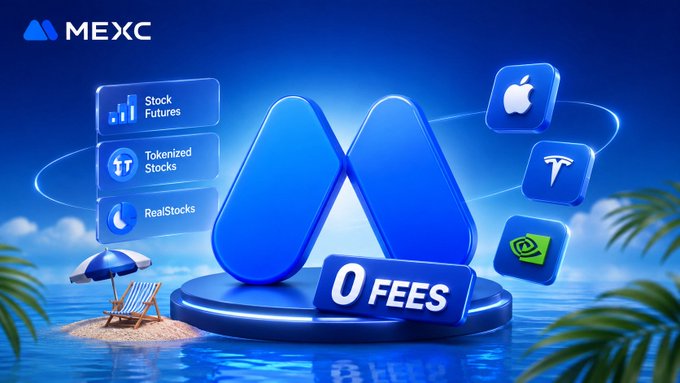 A promotional banner for MEXC exchange advertising '0 FEES' and highlighting features like Stock Futures, Tokenized Stocks, RealStocks, and integrations with Apple, Tesla, and NVIDIA.