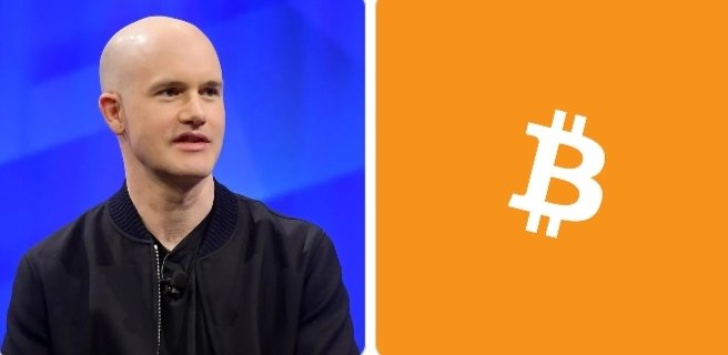 A bald man in a black bomber jacket speaks at what appears to be a conference, shown alongside a large orange panel displaying the Bitcoin (₿) symbol. The image visually accompanies news about Coinbase CEO Brian Armstrong's remarks on incoming U.S. crypto regulatory clarity.
