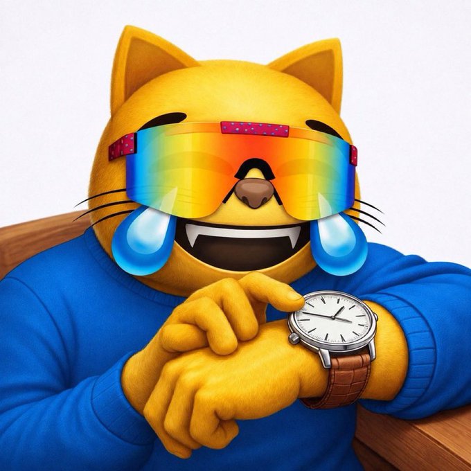A 3D-rendered yellow cartoon cat wearing rainbow-colored sunglasses and a blue sweater, smiling widely while checking a silver wristwatch.