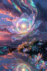 A fantastical digital illustration of a glowing crystalline flower with rainbow petals blooming over a reflective landscape under a swirling aurora-filled sky.