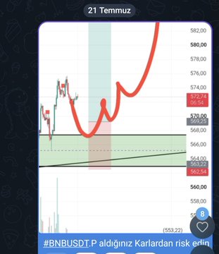 A trading chart titled "21 Temmuz" shows a large red drawing highlighting a failed upside move, with the #BNBUSDT.P pair hovering near a rejection zone around $665–672 after a sharp rally from $560. The annotated pattern marks risk points for longs, aligning with the post's message that the trade didn't work out for #BNB bulls.