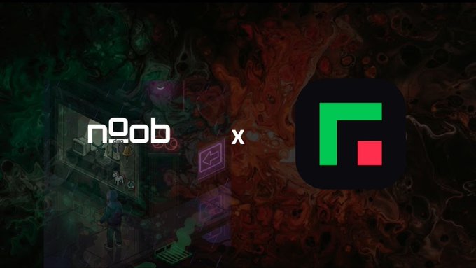 A collaboration banner showing the 'noob' game logo on the left and an app icon (green and red design) on the right, separated by an 'x', set against a dark red textured background.