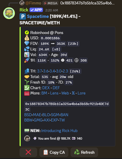 A Telegram bot screenshot displaying crypto/token statistics for $RICK on the Spacetime (WETH) pair, showing FDV of 353K and a 26% increase.