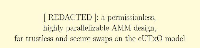 The image features a teaser announcement on a cream background, reading "[REDACTED]: a permissionless, highly parallelizable AMM design, for trustless and secure swaps on the eUTxO model." 

The post "Y'all are so not ready" suggests this is a cryptic preview teasing an upcoming AMM (Automated Market Maker) project built for the eUTxO blockchain architecture, likely Cardano, hinting that more details will be revealed later.
