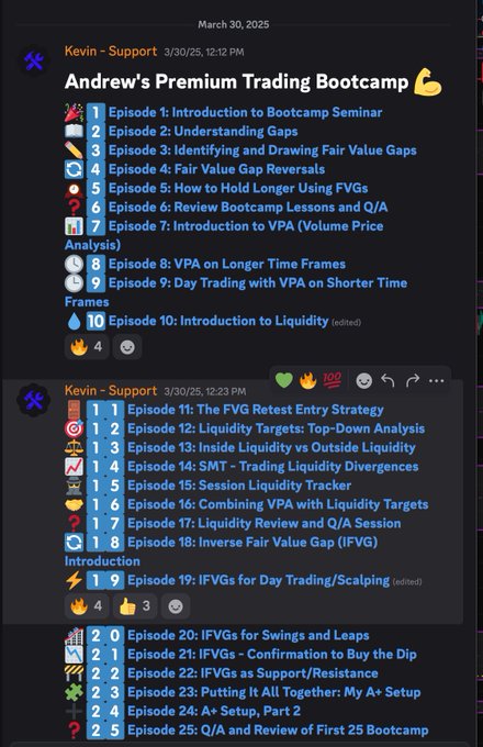 The image shows a Discord message from "Kevin - Support" dated 3/30/25 listing episodes 1-25 of "Andrew's Premium Trading Bootcamp," covering topics like Fair Value Gaps, VPA (Volume Price Analysis), Liquidity, IFVGs, and a Q&A session. This directly illustrates the accompanying post's promotion of a 50-course bootcamp covering ICT concepts, VPA, market structure, liquidity, and order flow available at superluckeee.com.