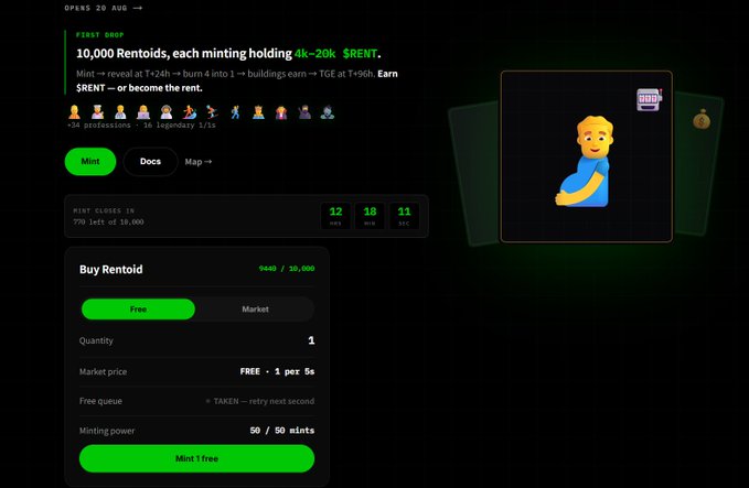 A dark-themed NFT minting webpage for "Rentoids," showing 10,000 generative characters up for grabs, with a countdown timer (12h 18m 11s) and a "Mint 1 free" button indicating 9,660 of 10,000 are sold. The accompanying post highlights the competitive free-mint scramble, noting that minted Rentoids resell on OpenSea for 3U each, with the current "Snagged" free queue suggesting active bot competition.