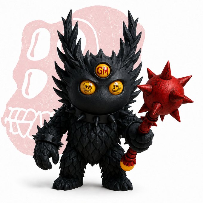 A black spiky monster figure with yellow "GM" eyes and "GM" displayed on its forehead holds a red spiked mace, tying into the post's reference to the "GM" greeting and Yuga Labs' ApeFest event. The menacing creature playfully embodies the "369 Cause" energy mentioned by the user.
