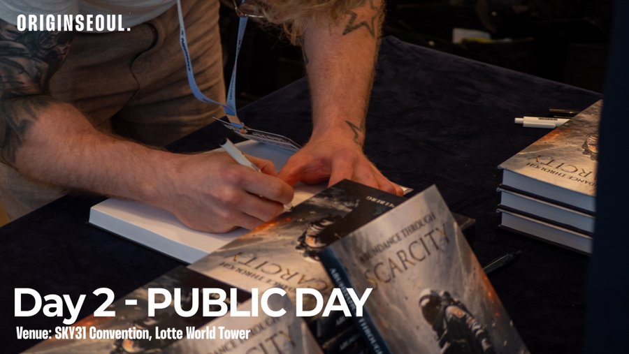 An 'ORIGINSEOUL' event graphic shows a tattooed person signing copies of the book 'ARCITY' at Day 2 - PUBLIC DAY, held at SKY31 Convention, Lotte World Tower.
