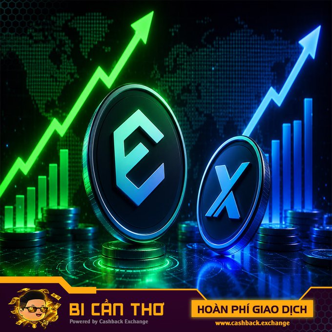 A promotional image for "Cashback Exchange" displaying two large coins labeled "C" (green) and "X" (blue) with upward trending arrows, Vietnamese text reading "BÍ CÂN THƠ", "HOÀN PHÍ GIAO DỊCH", and the website "www.cashback.exchange".